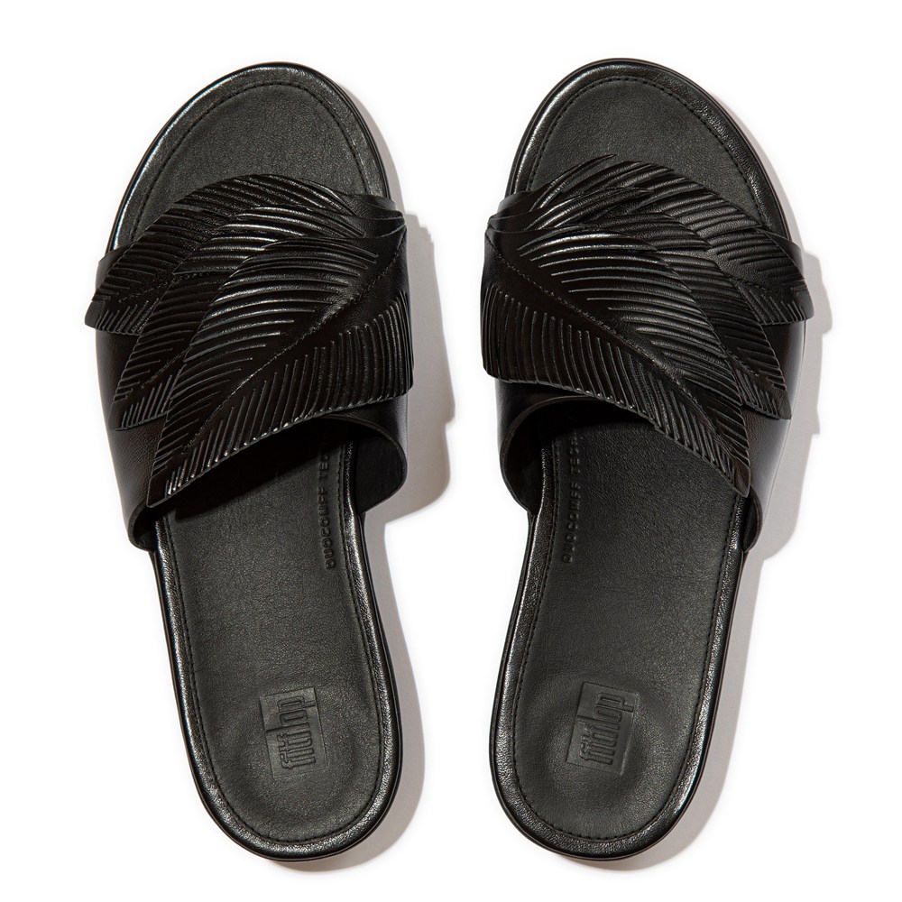 Fitflop Womens Slides Black - Sola Feather Metallic Leather - MV3410578